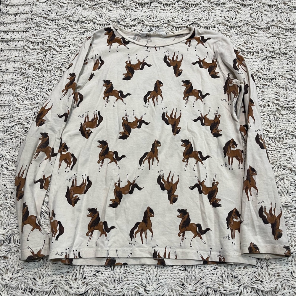 H&M Kids Long Sleeve Shirt with Horse Print - Cream and Brown